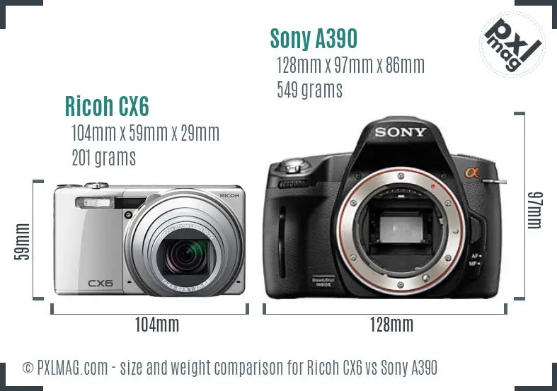 Ricoh CX6 vs Sony A390 size comparison