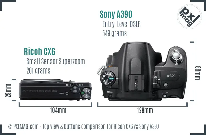 Ricoh CX6 vs Sony A390 top view buttons comparison