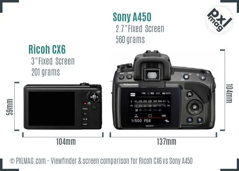 Ricoh CX6 vs Sony A450 Screen and Viewfinder comparison