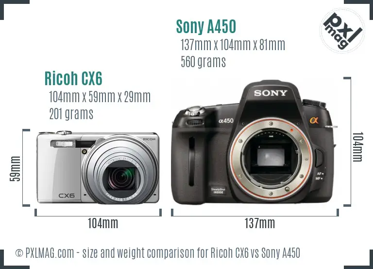Ricoh CX6 vs Sony A450 size comparison