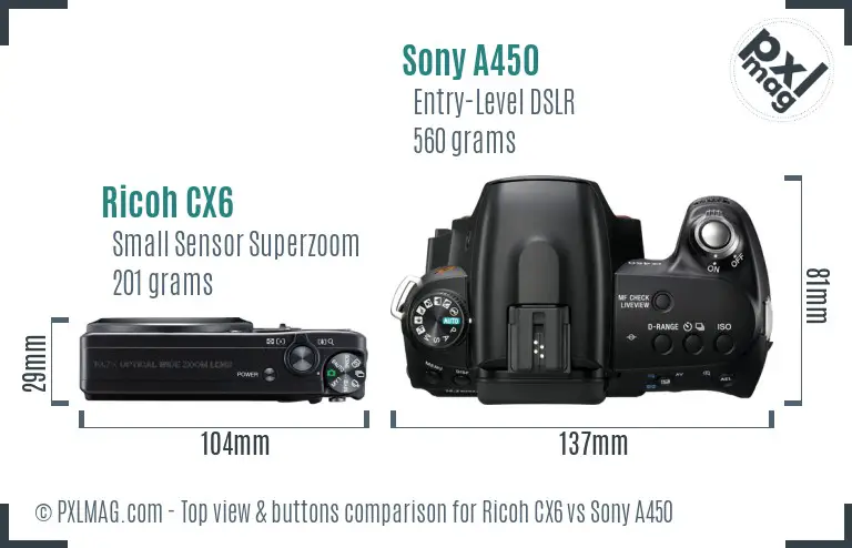 Ricoh CX6 vs Sony A450 top view buttons comparison