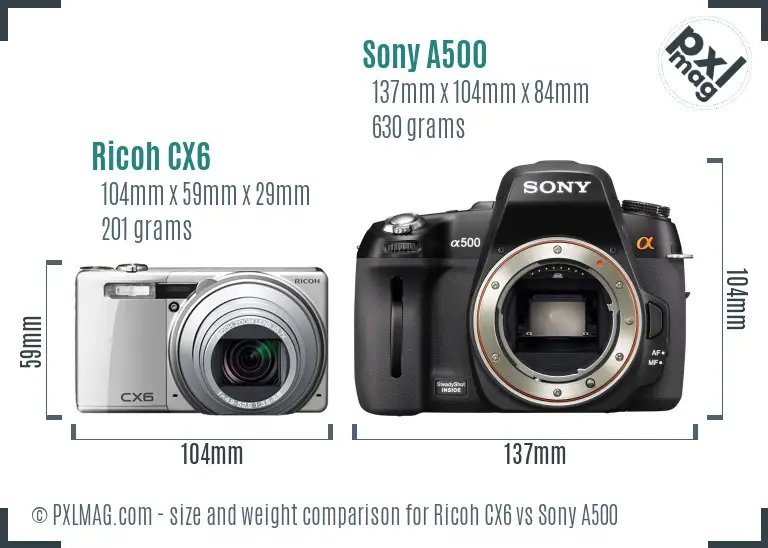 Ricoh CX6 vs Sony A500 size comparison