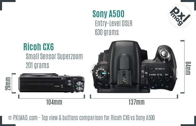 Ricoh CX6 vs Sony A500 top view buttons comparison