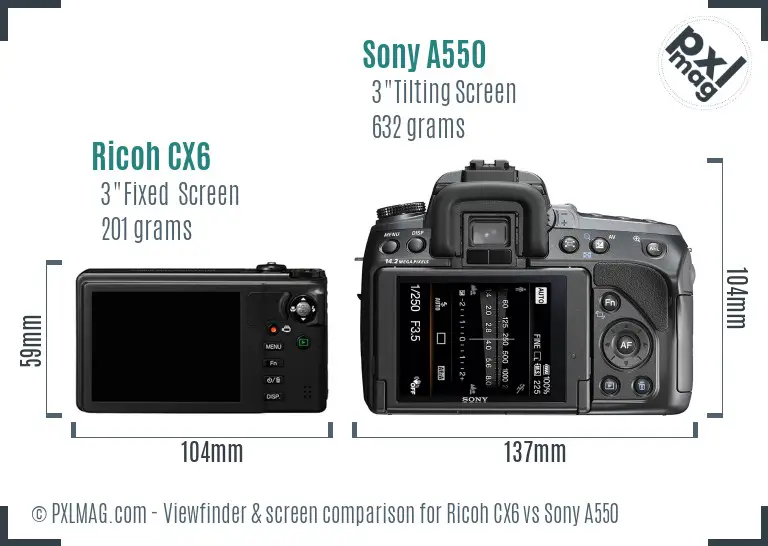 Ricoh CX6 vs Sony A550 Screen and Viewfinder comparison