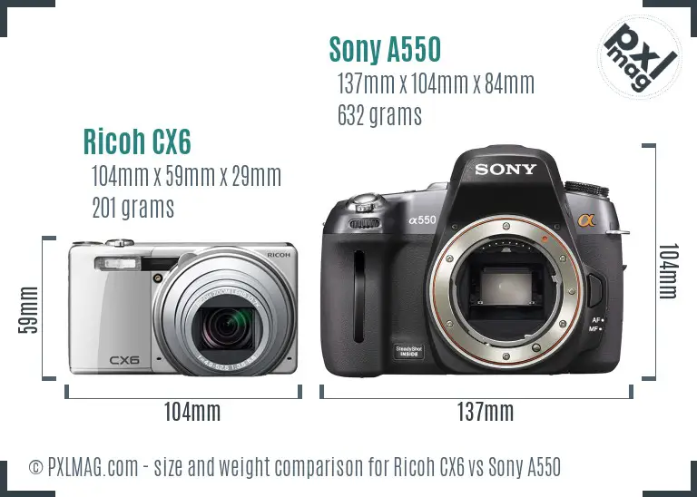 Ricoh CX6 vs Sony A550 size comparison