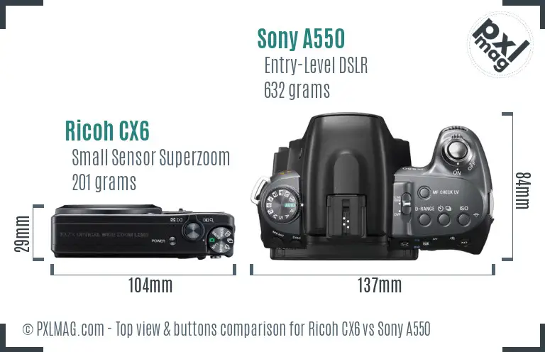 Ricoh CX6 vs Sony A550 top view buttons comparison