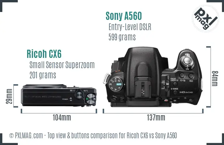 Ricoh CX6 vs Sony A560 top view buttons comparison