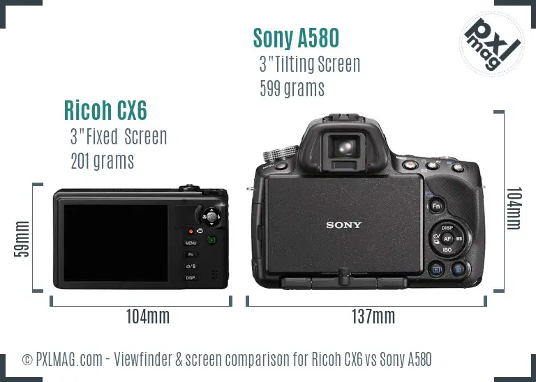 Ricoh CX6 vs Sony A580 Screen and Viewfinder comparison