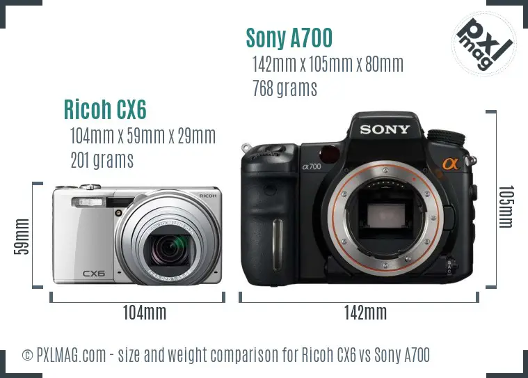 Ricoh CX6 vs Sony A700 size comparison