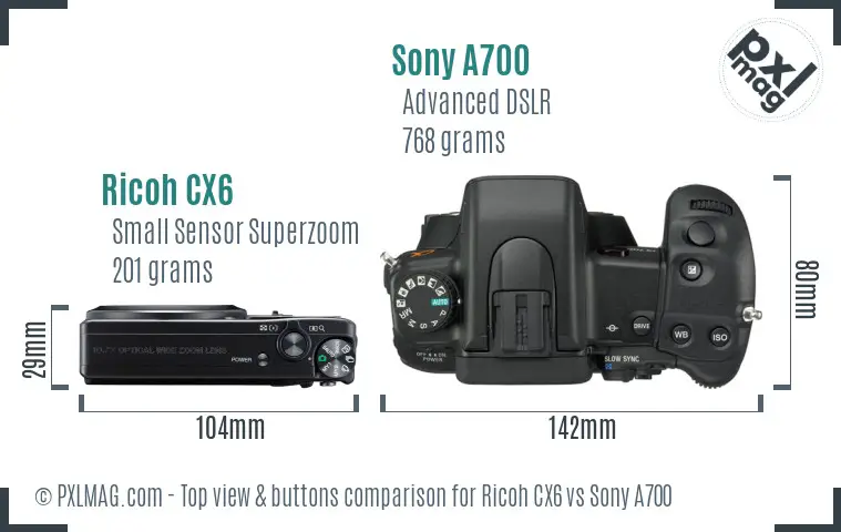 Ricoh CX6 vs Sony A700 top view buttons comparison