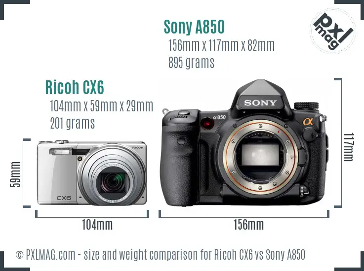 Ricoh CX6 vs Sony A850 size comparison