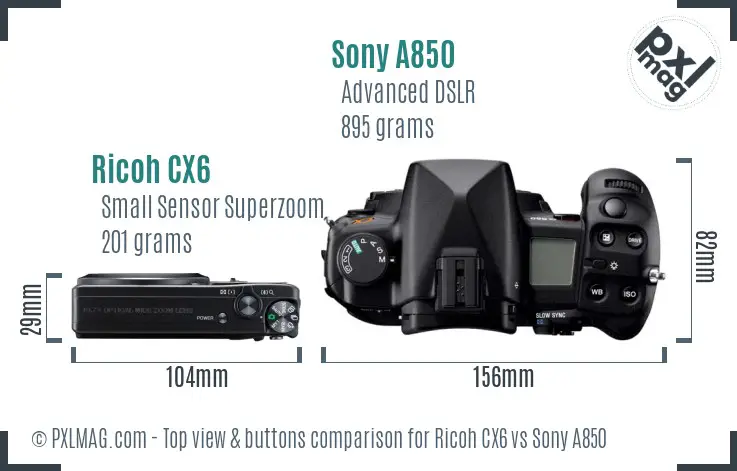 Ricoh CX6 vs Sony A850 top view buttons comparison