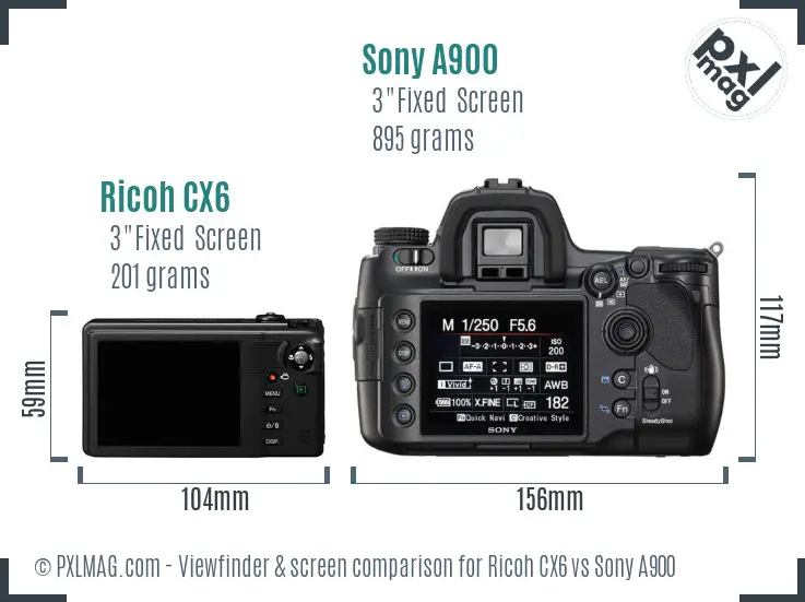 Ricoh CX6 vs Sony A900 Screen and Viewfinder comparison