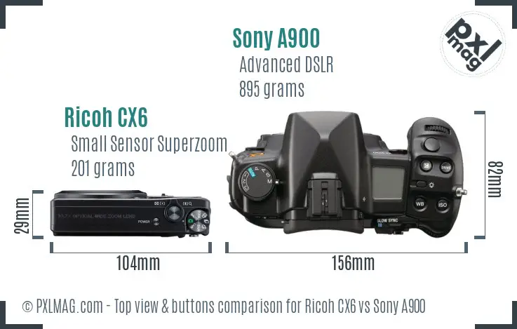 Ricoh CX6 vs Sony A900 top view buttons comparison