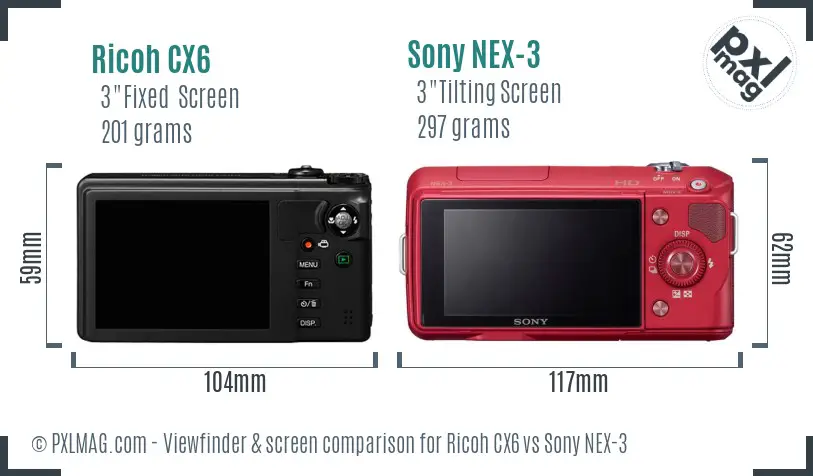 Ricoh CX6 vs Sony NEX-3 Screen and Viewfinder comparison