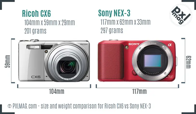Ricoh CX6 vs Sony NEX-3 size comparison