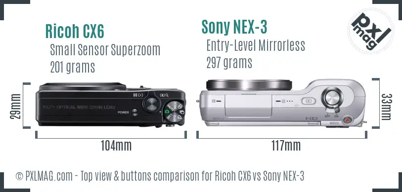 Ricoh CX6 vs Sony NEX-3 top view buttons comparison