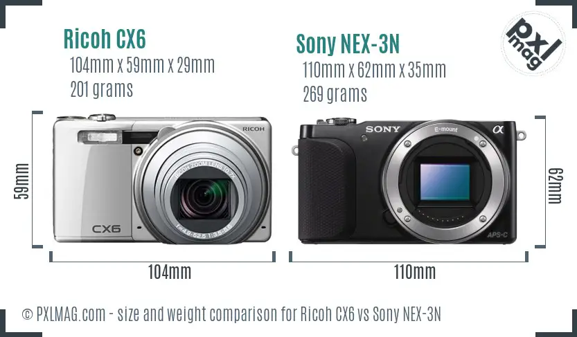 Ricoh CX6 vs Sony NEX-3N size comparison