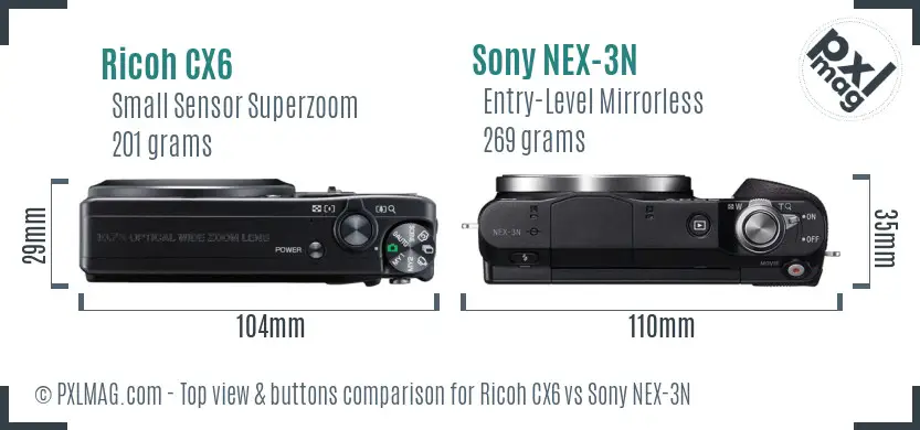 Ricoh CX6 vs Sony NEX-3N top view buttons comparison