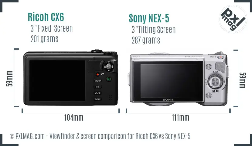 Ricoh CX6 vs Sony NEX-5 Screen and Viewfinder comparison