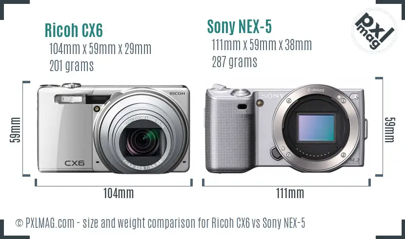 Ricoh CX6 vs Sony NEX-5 size comparison