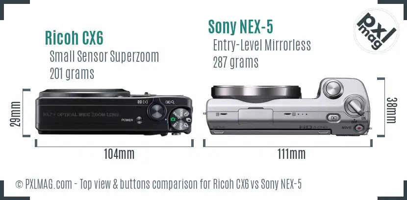 Ricoh CX6 vs Sony NEX-5 top view buttons comparison