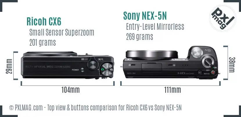 Ricoh CX6 vs Sony NEX-5N top view buttons comparison