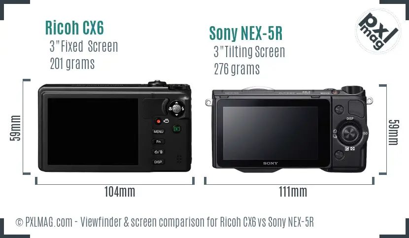 Ricoh CX6 vs Sony NEX-5R Screen and Viewfinder comparison