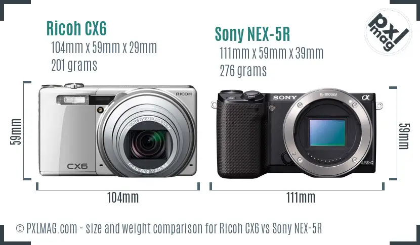 Ricoh CX6 vs Sony NEX-5R size comparison