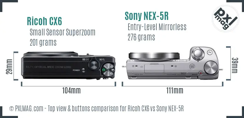 Ricoh CX6 vs Sony NEX-5R top view buttons comparison