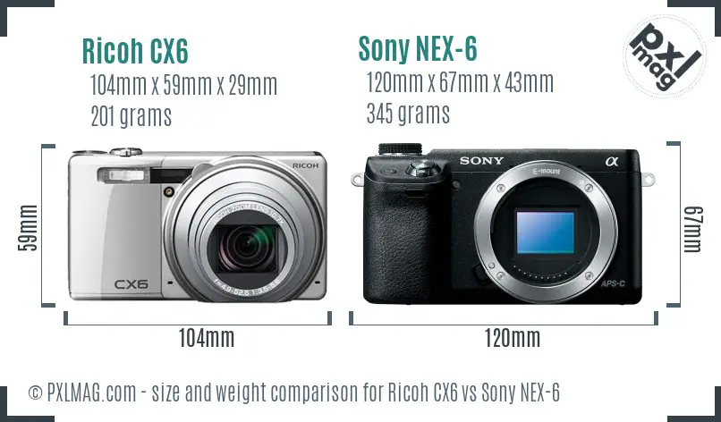 Ricoh CX6 vs Sony NEX-6 size comparison