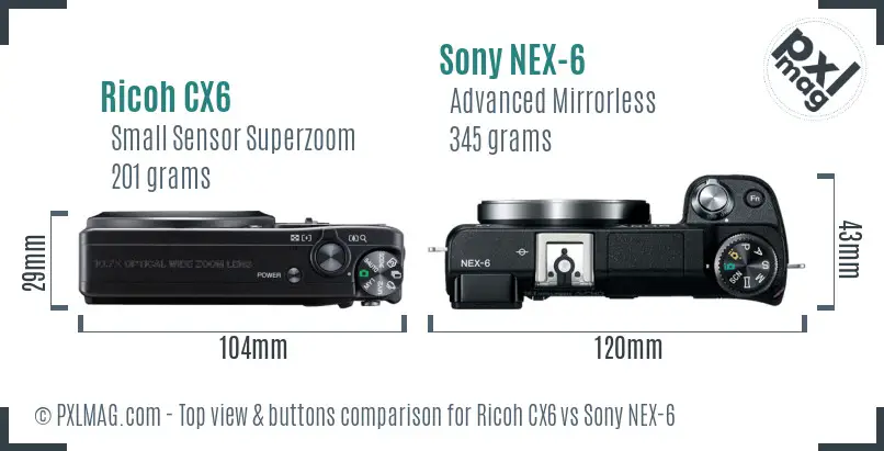 Ricoh CX6 vs Sony NEX-6 top view buttons comparison