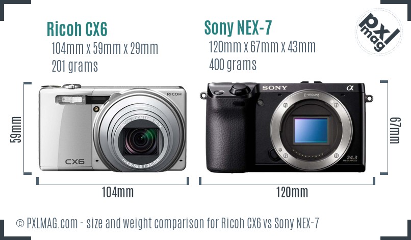 Ricoh CX6 vs Sony NEX-7 size comparison