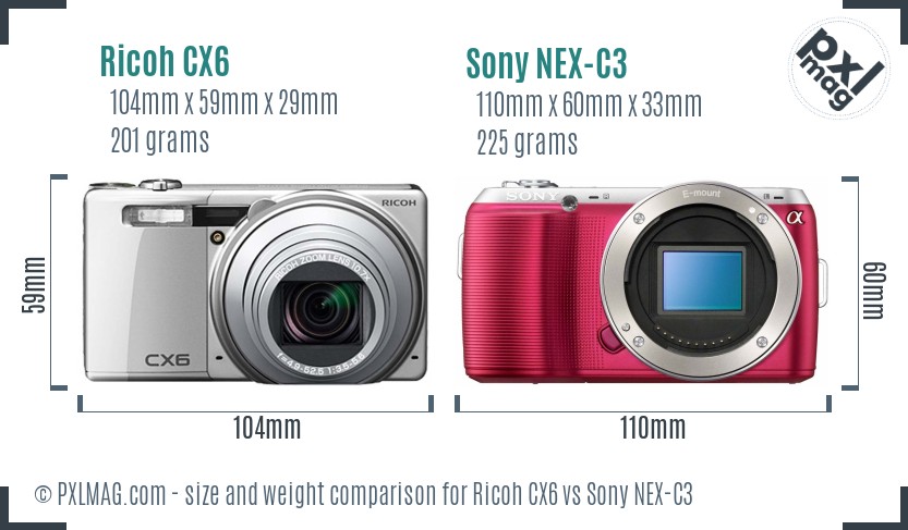 Ricoh CX6 vs Sony NEX-C3 size comparison