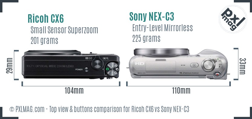 Ricoh CX6 vs Sony NEX-C3 top view buttons comparison