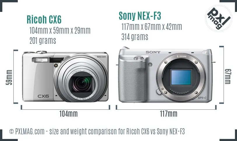 Ricoh CX6 vs Sony NEX-F3 size comparison