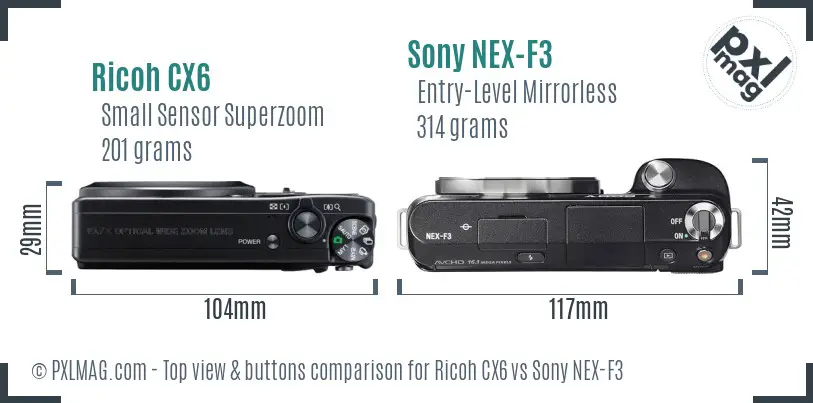 Ricoh CX6 vs Sony NEX-F3 top view buttons comparison