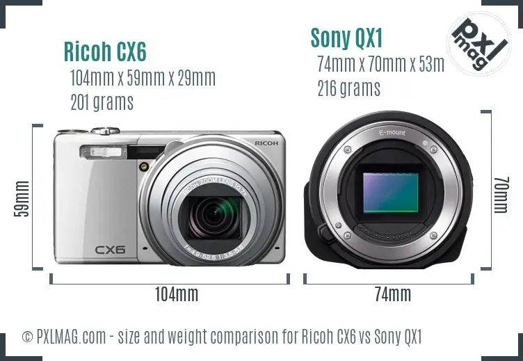 Ricoh CX6 vs Sony QX1 size comparison