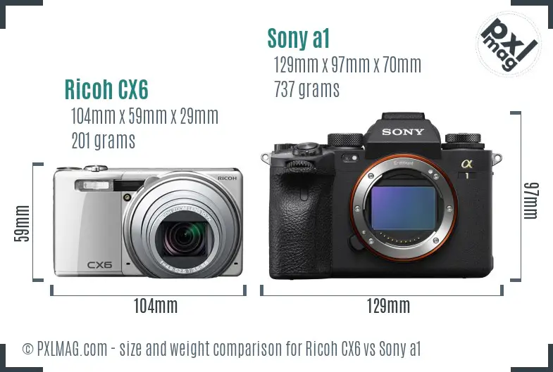 Ricoh CX6 vs Sony a1 size comparison