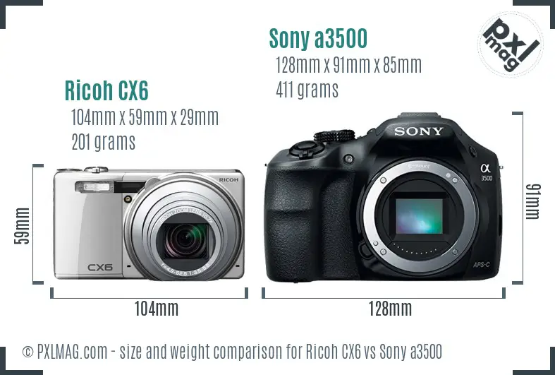 Ricoh CX6 vs Sony a3500 size comparison