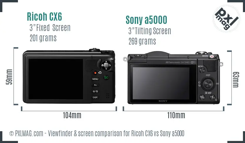 Ricoh CX6 vs Sony a5000 Screen and Viewfinder comparison