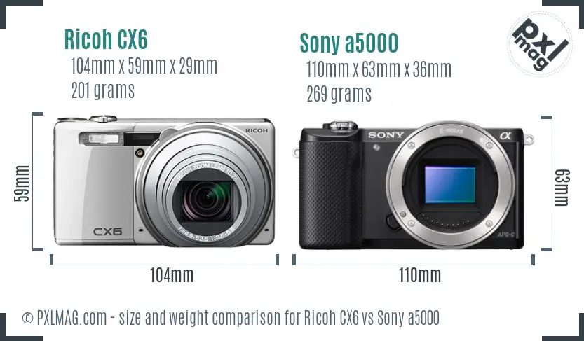 Ricoh CX6 vs Sony a5000 size comparison