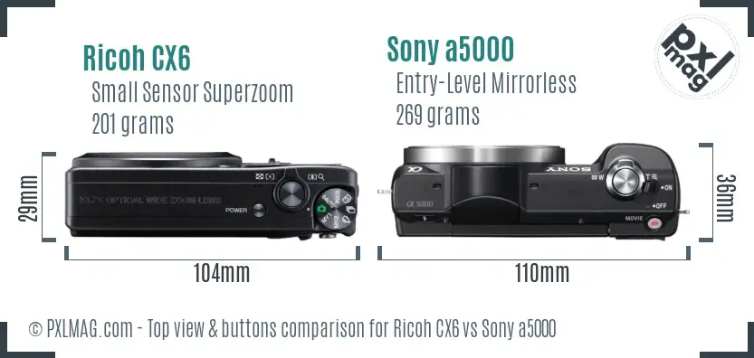Ricoh CX6 vs Sony a5000 top view buttons comparison