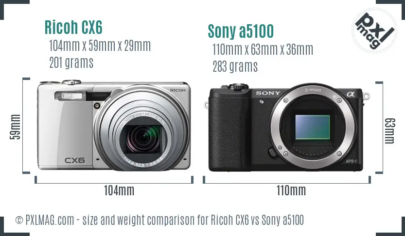 Ricoh CX6 vs Sony a5100 size comparison
