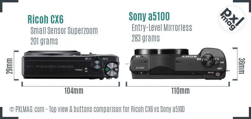 Ricoh CX6 vs Sony a5100 top view buttons comparison