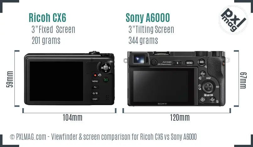 Ricoh CX6 vs Sony A6000 Screen and Viewfinder comparison