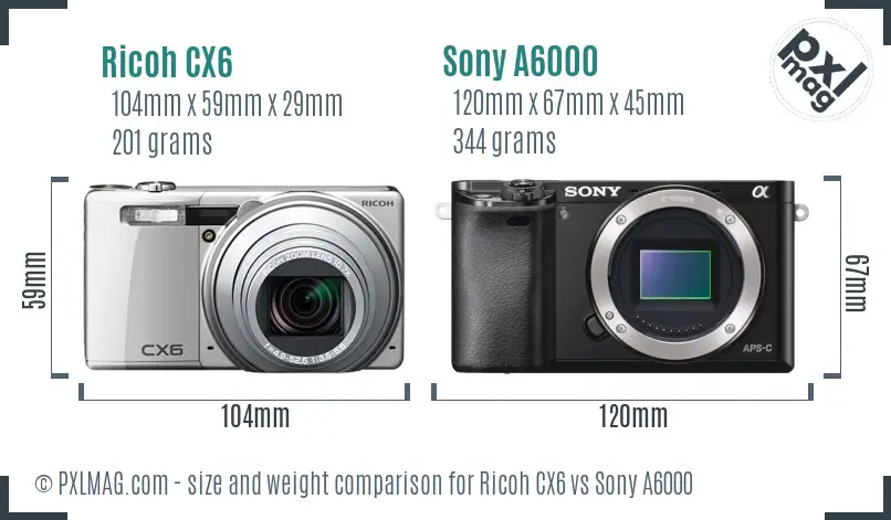 Ricoh CX6 vs Sony A6000 size comparison