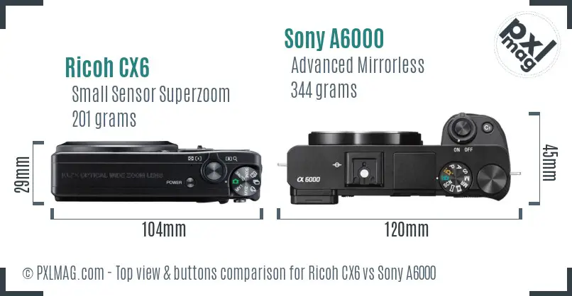 Ricoh CX6 vs Sony A6000 top view buttons comparison