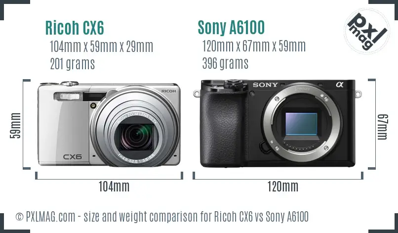 Ricoh CX6 vs Sony A6100 size comparison