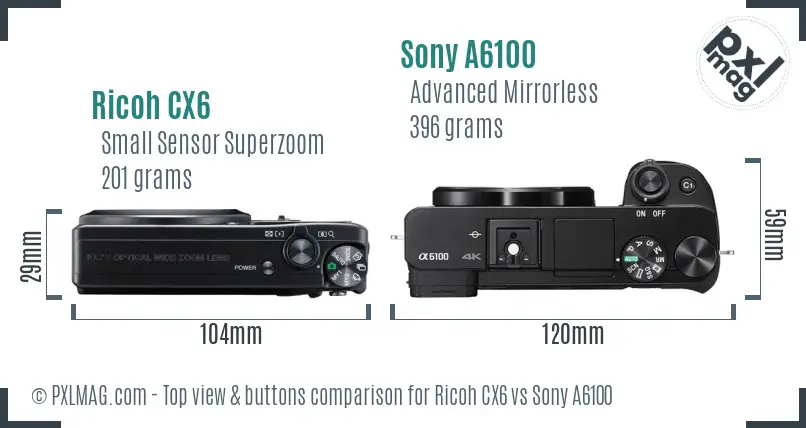Ricoh CX6 vs Sony A6100 top view buttons comparison